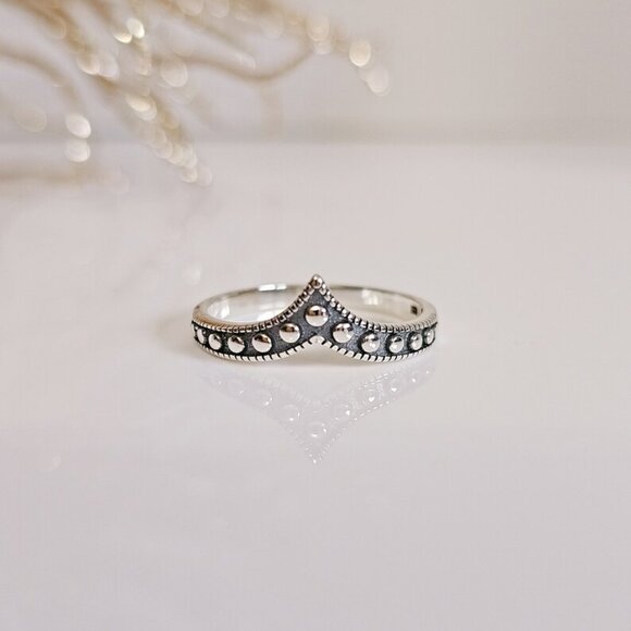Beaded Chevron Sterling Silver Women Ring, Bali V Shape Ring, Minimalist Bohemia - Picture 1 of 10